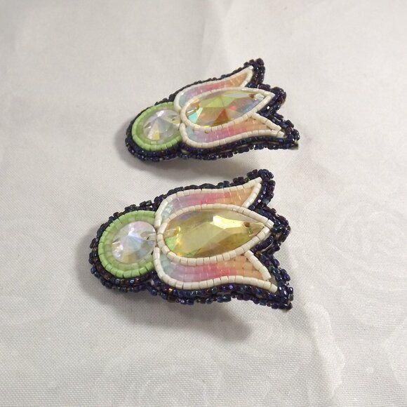 Beaded Floral Earrings with Iridescent Cabochons - Picture 4 of 5